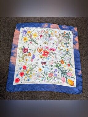 Gucci Flora Blue Border Silk Scarf READ/DAMAGE